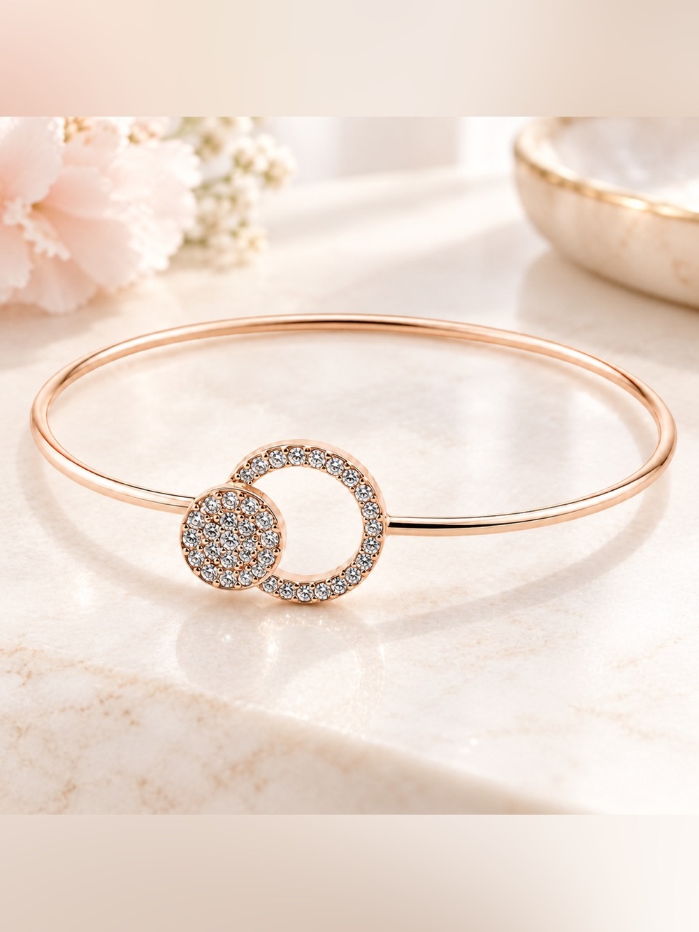 Rose Gold Pave Rhinestone Double Circle Open Bangle Bracelet Geometric Luxe NEW